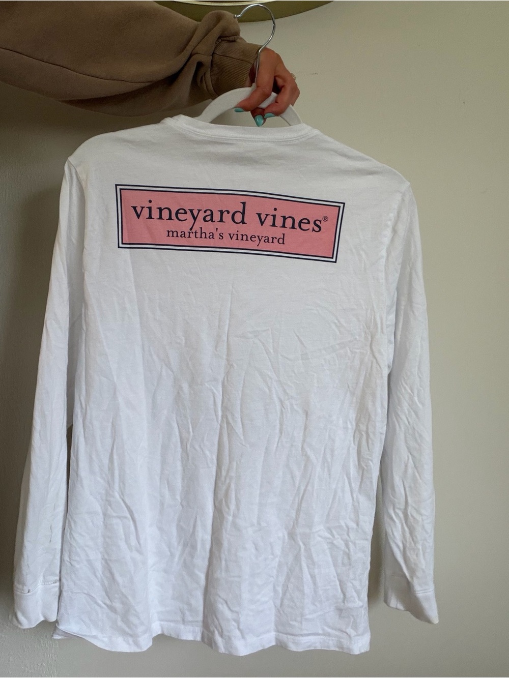Vineyard Vines White Long Sleeve Tee with Pink Logo Panel